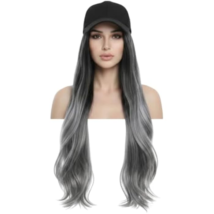 Baseball Cap with Long Wig, Ombre Gray, Synthetic Ombre Hair, Black and White - Image 1
